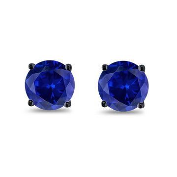 Butterfly Prong Round Casting Black Tone, Simulated Blue Sapphire CZ Stud Earrings 925 Sterling Silver